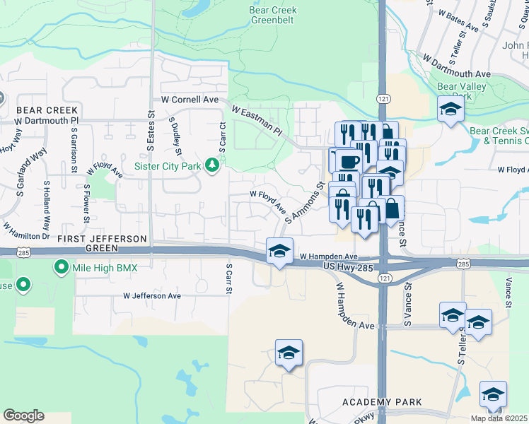 map of restaurants, bars, coffee shops, grocery stores, and more near 3409 South Ammons Street in Lakewood