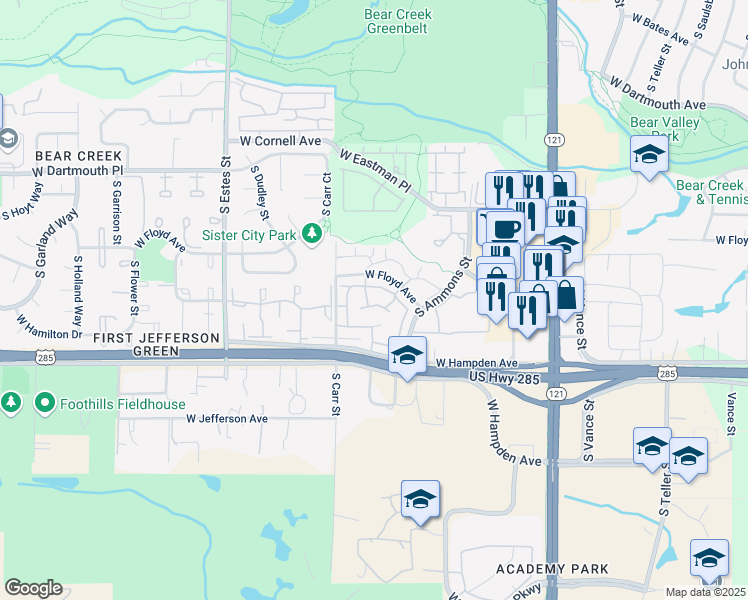 map of restaurants, bars, coffee shops, grocery stores, and more near 3409 South Ammons Street in Lakewood