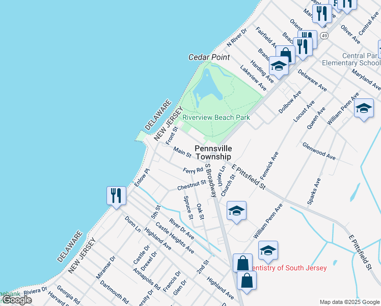 map of restaurants, bars, coffee shops, grocery stores, and more near 15 West Pittsfield Street in Pennsville Township