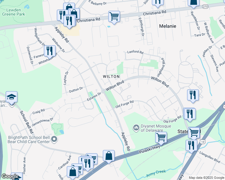 map of restaurants, bars, coffee shops, grocery stores, and more near 403 Ashton Lane in New Castle