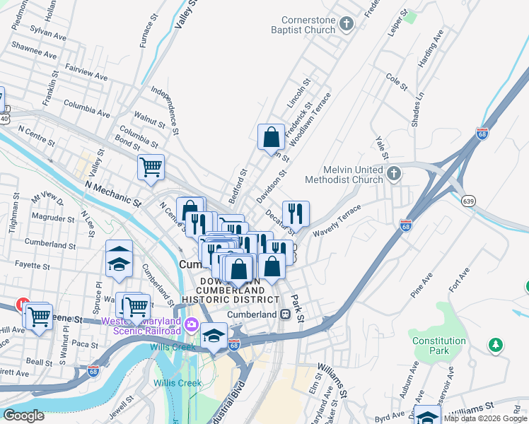 map of restaurants, bars, coffee shops, grocery stores, and more near 221 Decatur Street in Cumberland