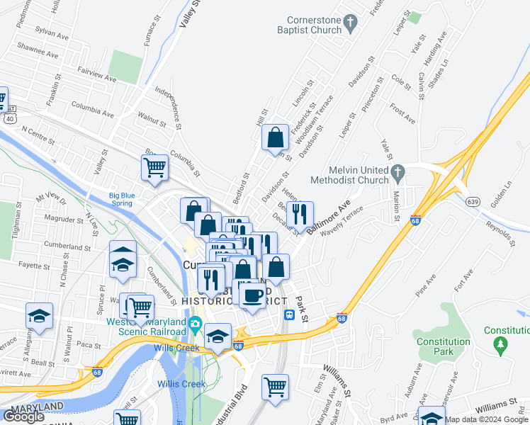 map of restaurants, bars, coffee shops, grocery stores, and more near 221 Decatur Street in Cumberland