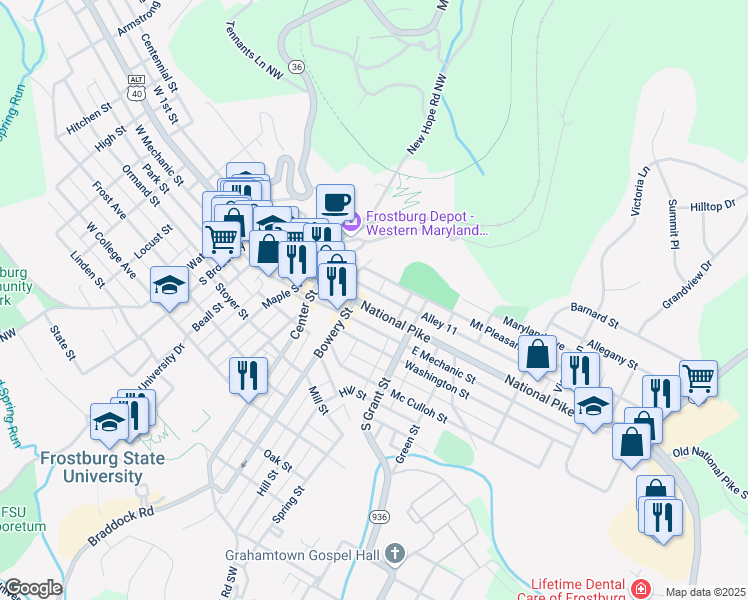 map of restaurants, bars, coffee shops, grocery stores, and more near 156 East Main Street in Frostburg