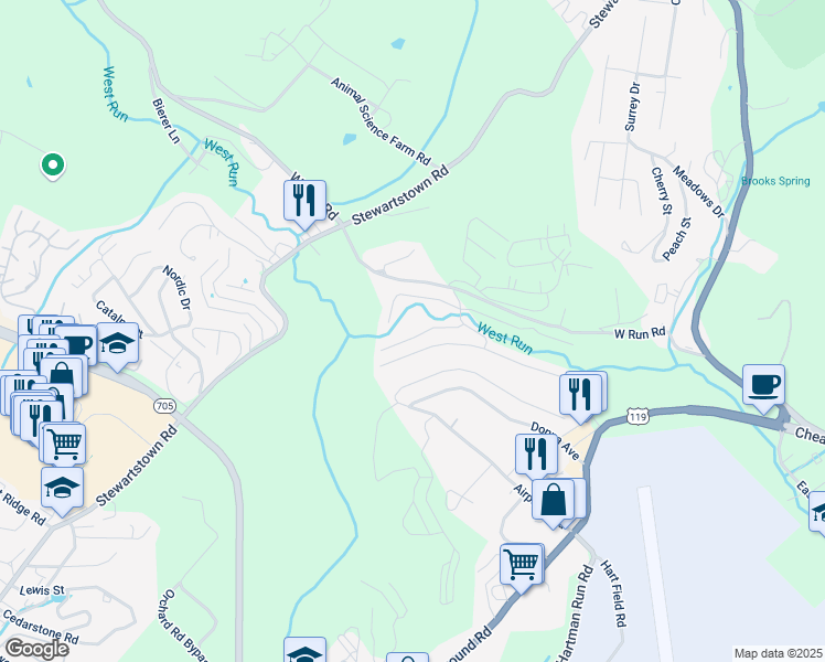 map of restaurants, bars, coffee shops, grocery stores, and more near 305 Tupelo Drive in Morgantown