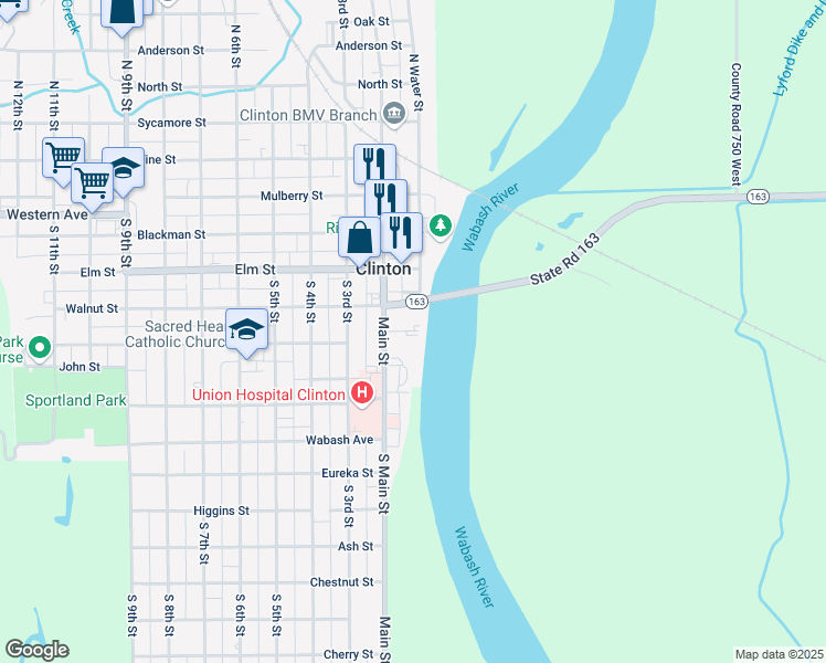 map of restaurants, bars, coffee shops, grocery stores, and more near 528 South Main Street in Clinton