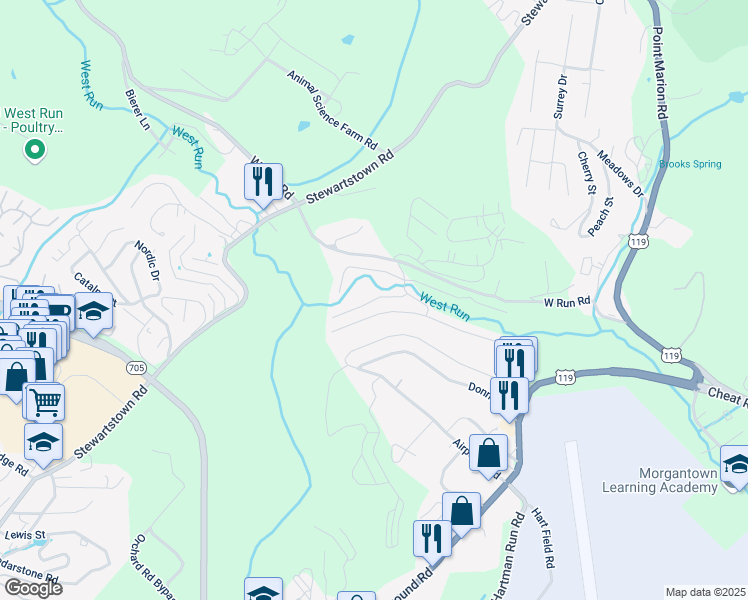 map of restaurants, bars, coffee shops, grocery stores, and more near 200 Tupelo Drive in Morgantown