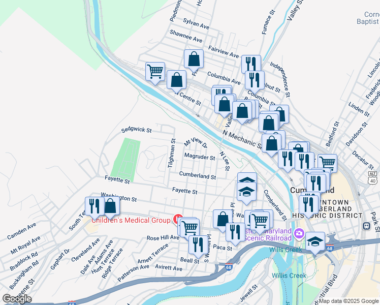 map of restaurants, bars, coffee shops, grocery stores, and more near 308 Schley Street in Cumberland