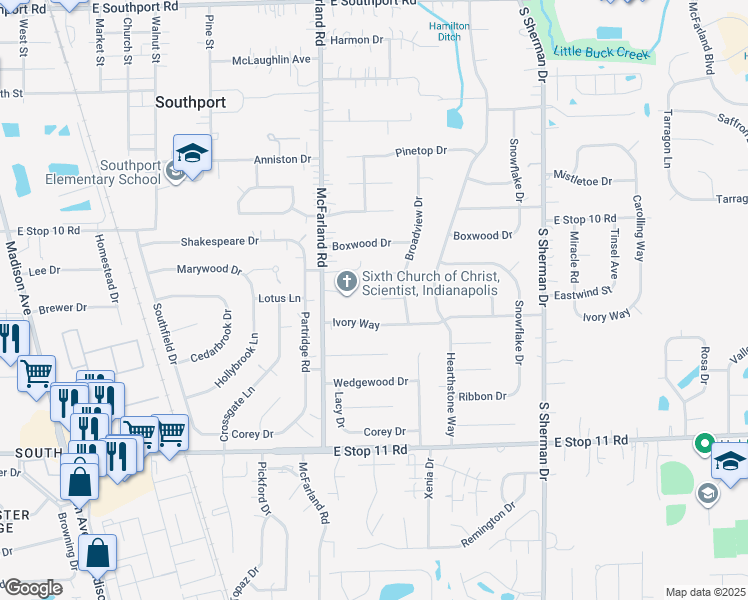 map of restaurants, bars, coffee shops, grocery stores, and more near 3319 Eastwind Court in Indianapolis