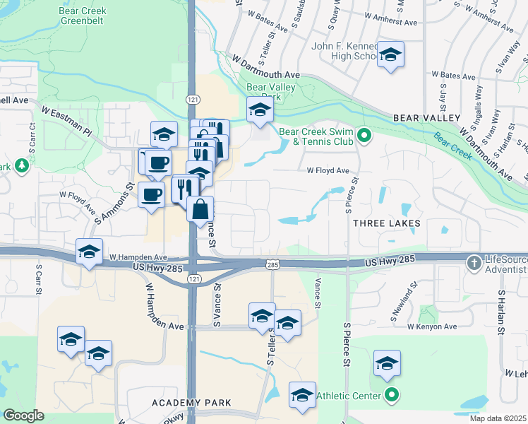 map of restaurants, bars, coffee shops, grocery stores, and more near 7 South Upham Street in Lakewood