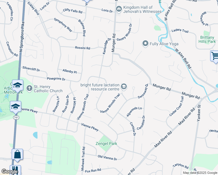 map of restaurants, bars, coffee shops, grocery stores, and more near 6825 Vienna Woods Trail in Dayton