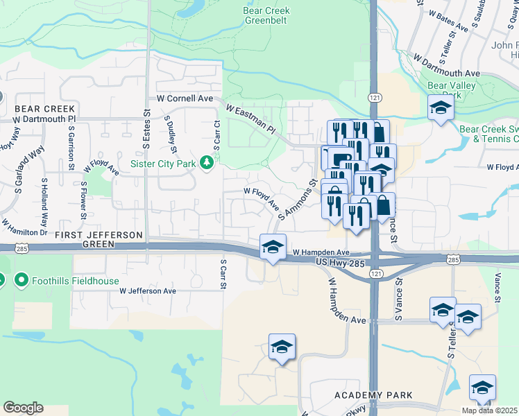 map of restaurants, bars, coffee shops, grocery stores, and more near 3409 South Ammons Street in Lakewood