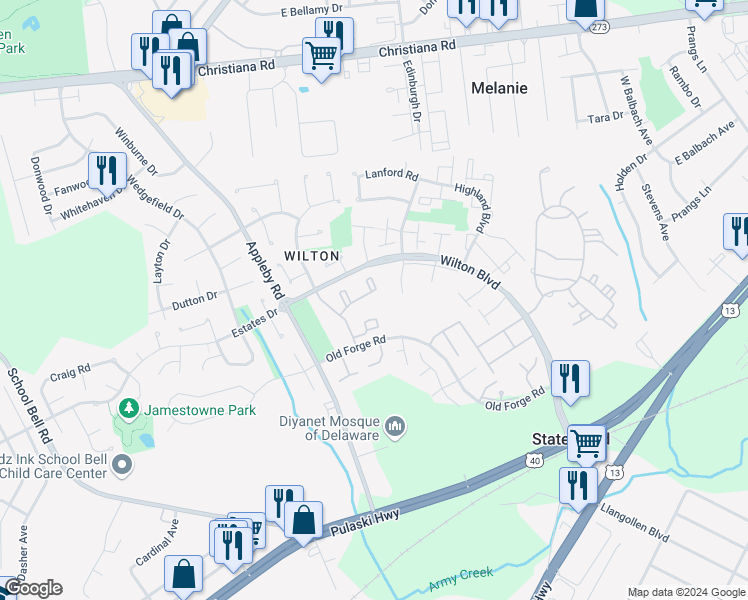 map of restaurants, bars, coffee shops, grocery stores, and more near 820 Willings Way in New Castle