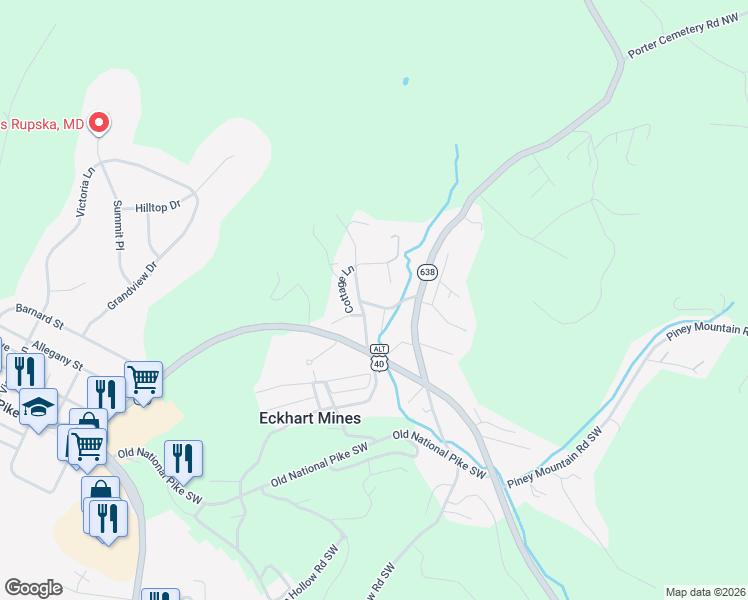 map of restaurants, bars, coffee shops, grocery stores, and more near 16817 Porter Road Northwest in Frostburg