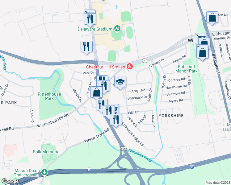 map of restaurants, bars, coffee shops, grocery stores, and more near 908 Janice Drive in Newark