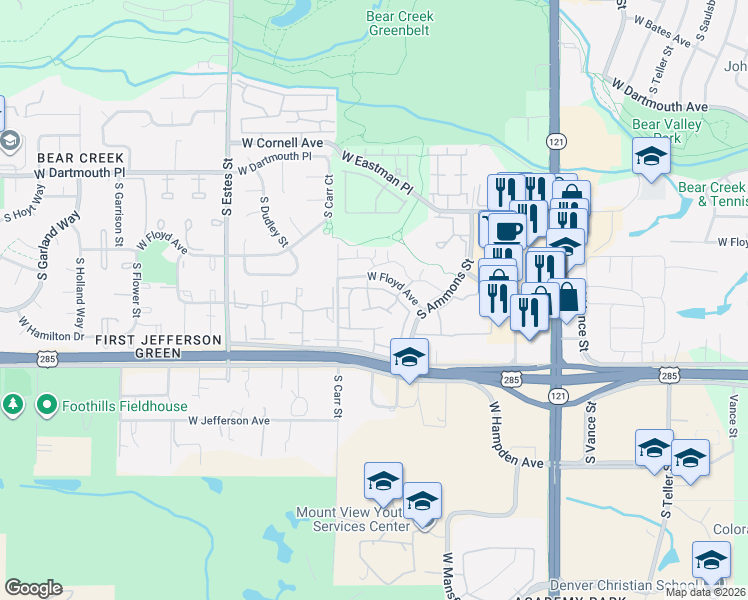 map of restaurants, bars, coffee shops, grocery stores, and more near 3409 South Ammons Street in Lakewood