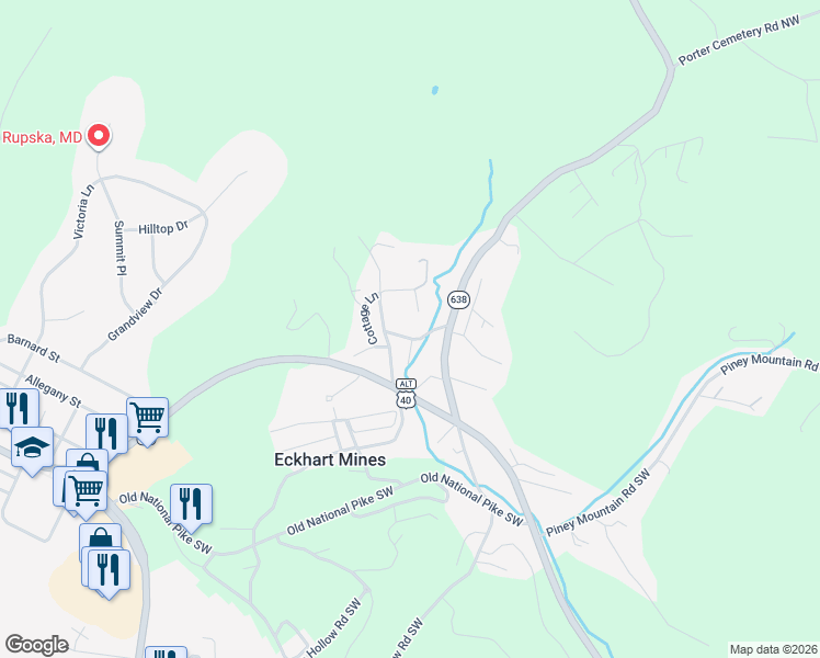 map of restaurants, bars, coffee shops, grocery stores, and more near 16817 Porter Road Northwest in Frostburg