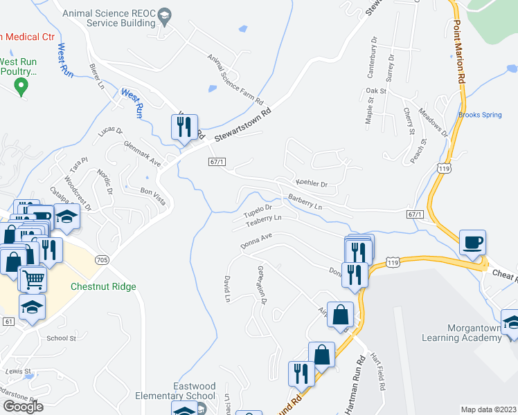map of restaurants, bars, coffee shops, grocery stores, and more near 305 Tupelo Drive in Morgantown