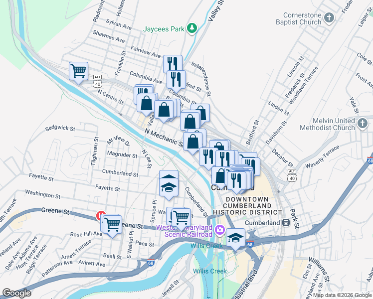 map of restaurants, bars, coffee shops, grocery stores, and more near 248 North Mechanic Street in Cumberland