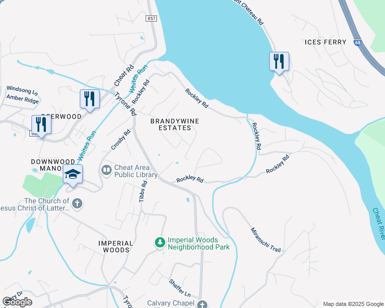 map of restaurants, bars, coffee shops, grocery stores, and more near 107 Chardonnay Dr in Morgantown