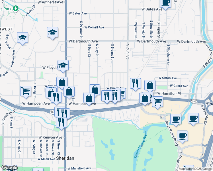map of restaurants, bars, coffee shops, grocery stores, and more near 3345 South Canosa Court in Englewood