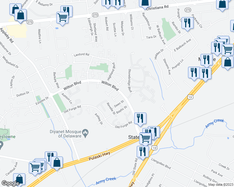 map of restaurants, bars, coffee shops, grocery stores, and more near 4 Candlewick Court in New Castle