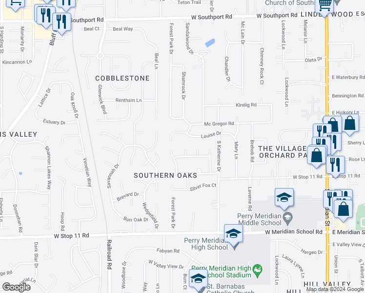 map of restaurants, bars, coffee shops, grocery stores, and more near 7608 Buck Valley Court in Indianapolis