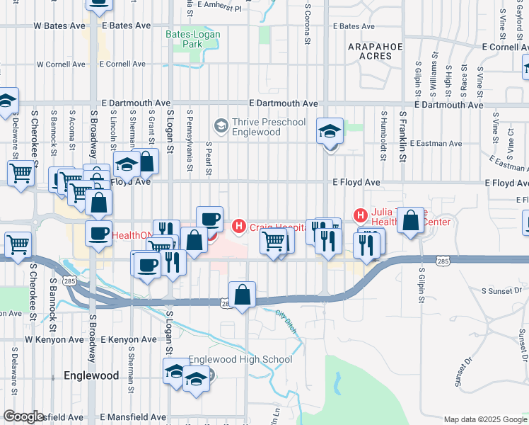 map of restaurants, bars, coffee shops, grocery stores, and more near 3369 South Emerson Street in Englewood