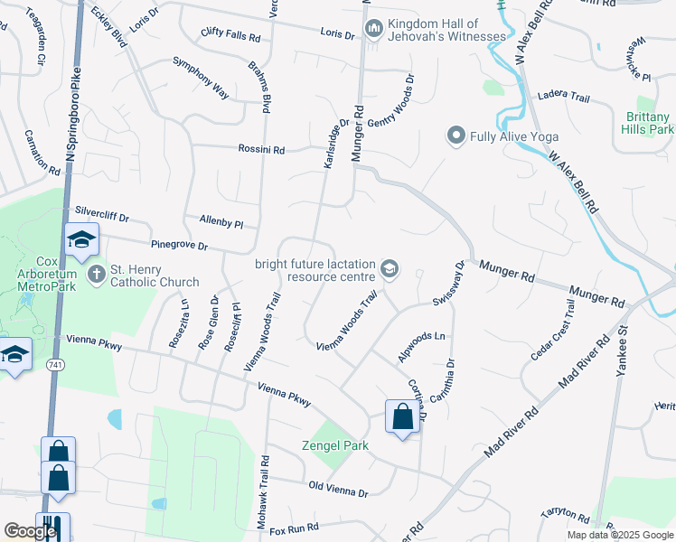 map of restaurants, bars, coffee shops, grocery stores, and more near 6825 Vienna Woods Trail in Dayton