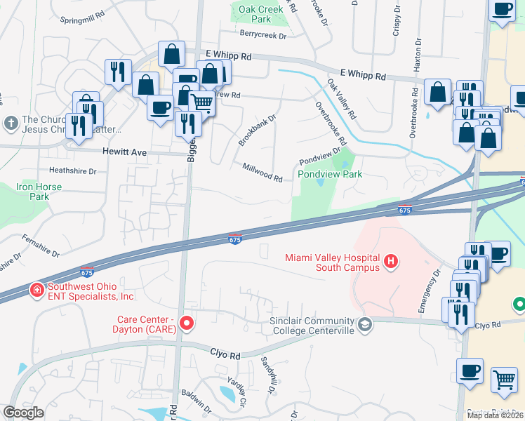 map of restaurants, bars, coffee shops, grocery stores, and more near 1840 Piper Lane in Dayton
