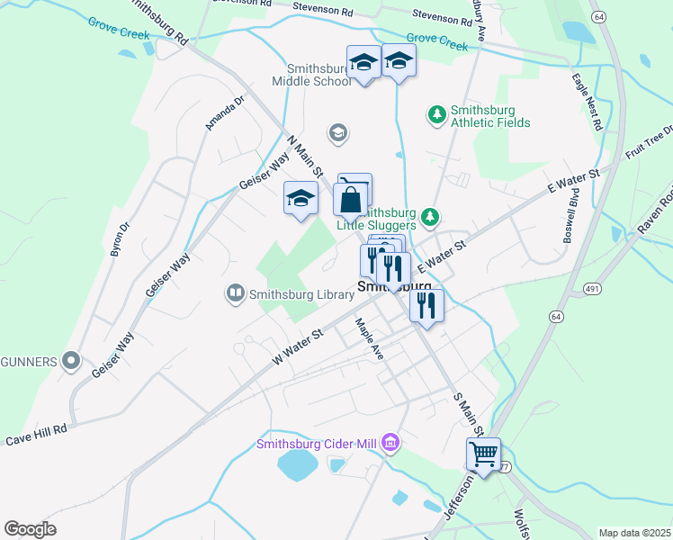 map of restaurants, bars, coffee shops, grocery stores, and more near e3 Washington Court in Smithsburg