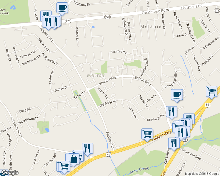 map of restaurants, bars, coffee shops, grocery stores, and more near 787 Willings Way in New Castle