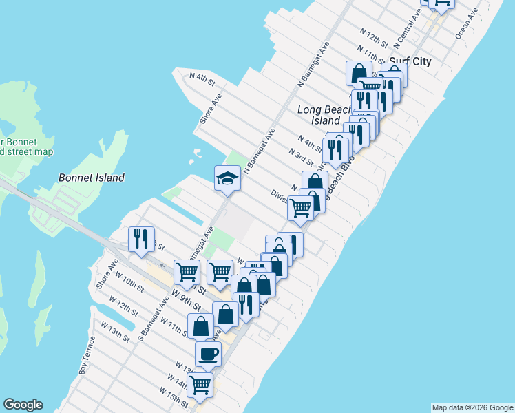 map of restaurants, bars, coffee shops, grocery stores, and more near 252 South 1st Street in Surf City