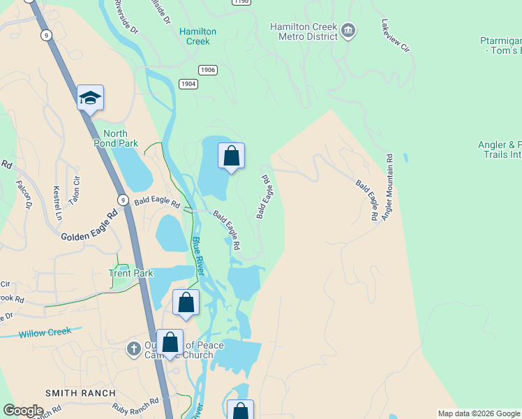 map of restaurants, bars, coffee shops, grocery stores, and more near Bald Eagle Road in Silverthorne