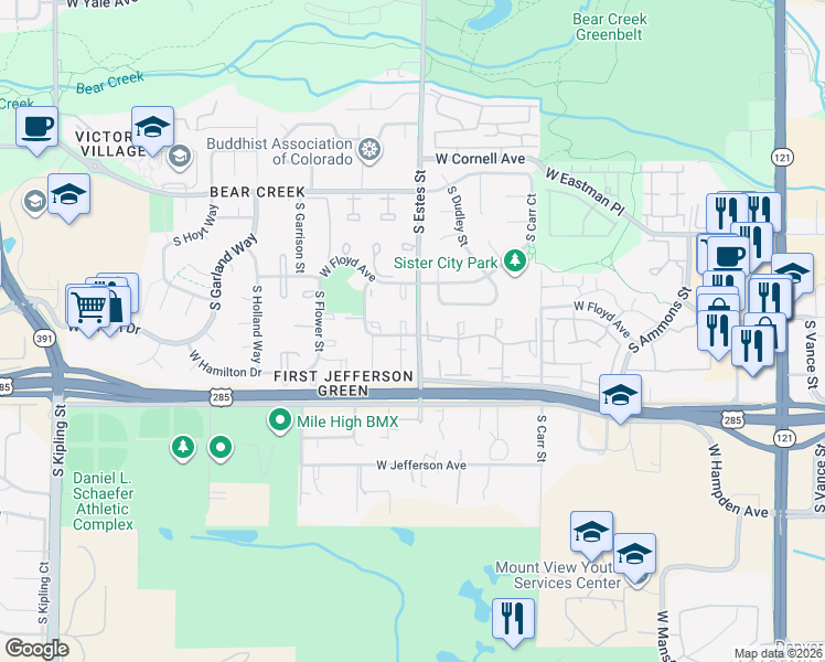 map of restaurants, bars, coffee shops, grocery stores, and more near 169 South Estes Street in Lakewood