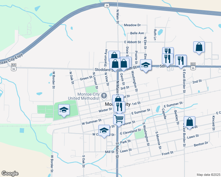 map of restaurants, bars, coffee shops, grocery stores, and more near 118 Court Street in Monroe City