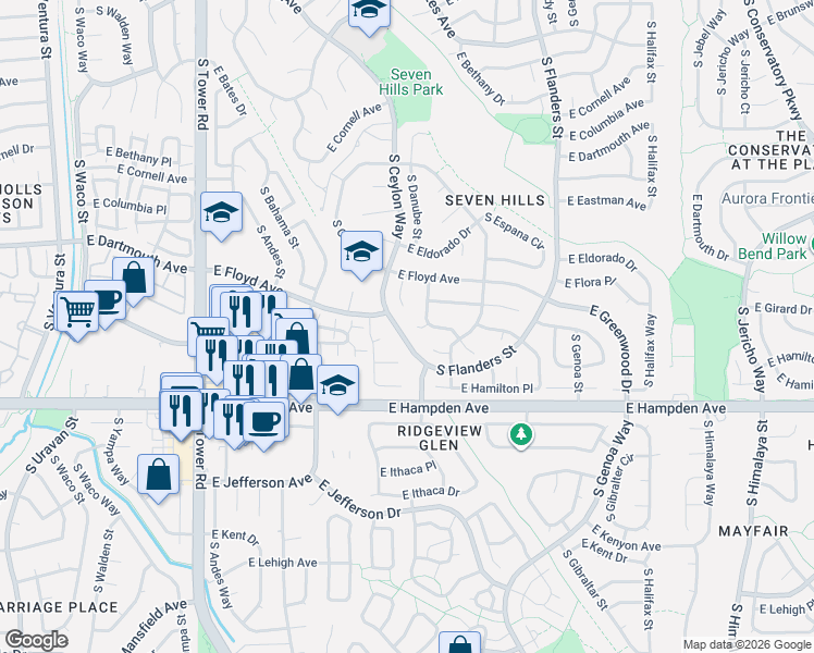 map of restaurants, bars, coffee shops, grocery stores, and more near in Aurora