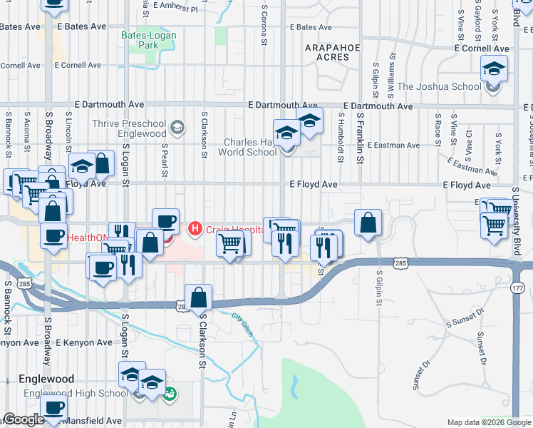 map of restaurants, bars, coffee shops, grocery stores, and more near 3368 South Corona Street in Englewood