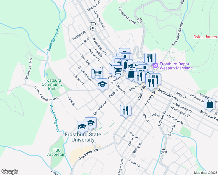map of restaurants, bars, coffee shops, grocery stores, and more near 60 South Broadway in Frostburg