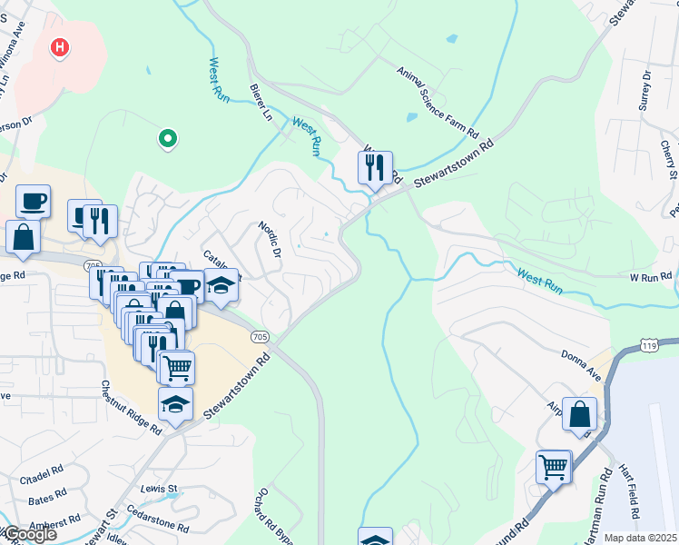 map of restaurants, bars, coffee shops, grocery stores, and more near The Villas Road in Morgantown