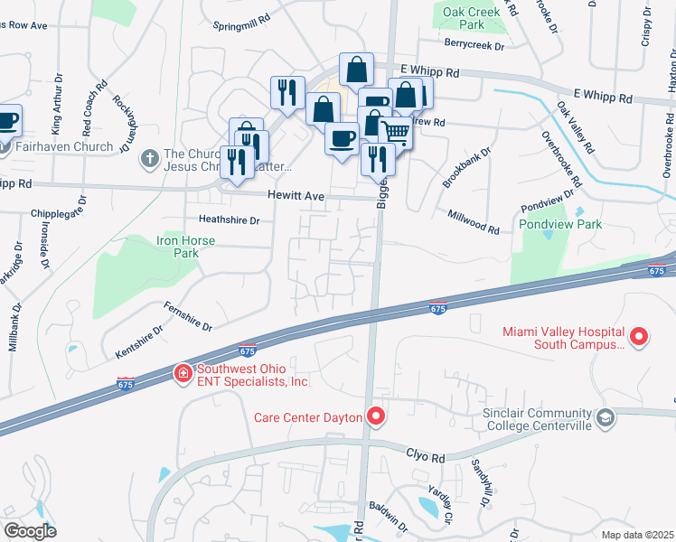 map of restaurants, bars, coffee shops, grocery stores, and more near 1450 Carriage Trace Boulevard in Centerville