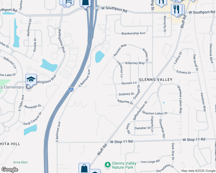 map of restaurants, bars, coffee shops, grocery stores, and more near 1815 Rooses Lane in Indianapolis
