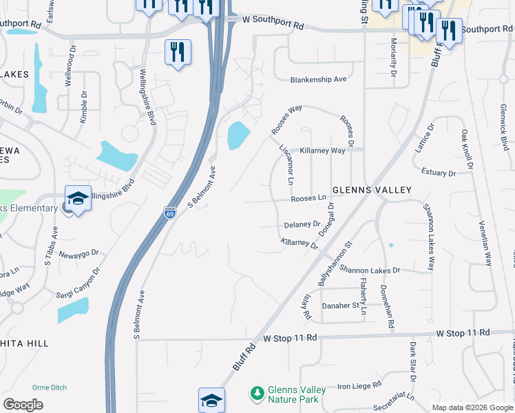 map of restaurants, bars, coffee shops, grocery stores, and more near 1815 Rooses Lane in Indianapolis