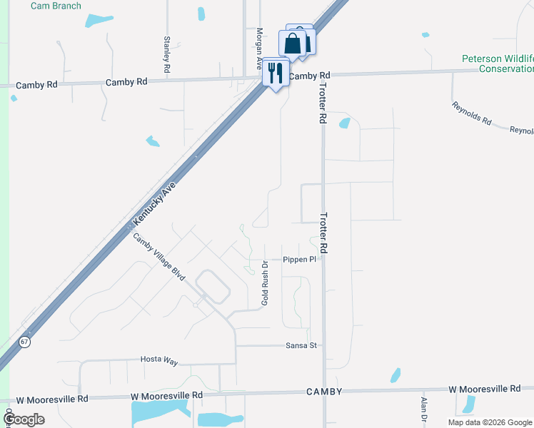 map of restaurants, bars, coffee shops, grocery stores, and more near 7414 Camby Crossing Circle in Indianapolis