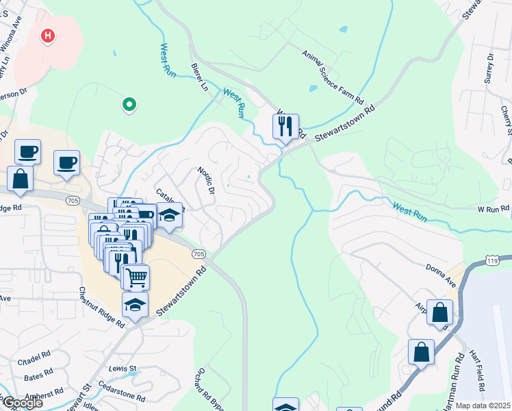 map of restaurants, bars, coffee shops, grocery stores, and more near 1325 Stewartstown Road in Morgantown