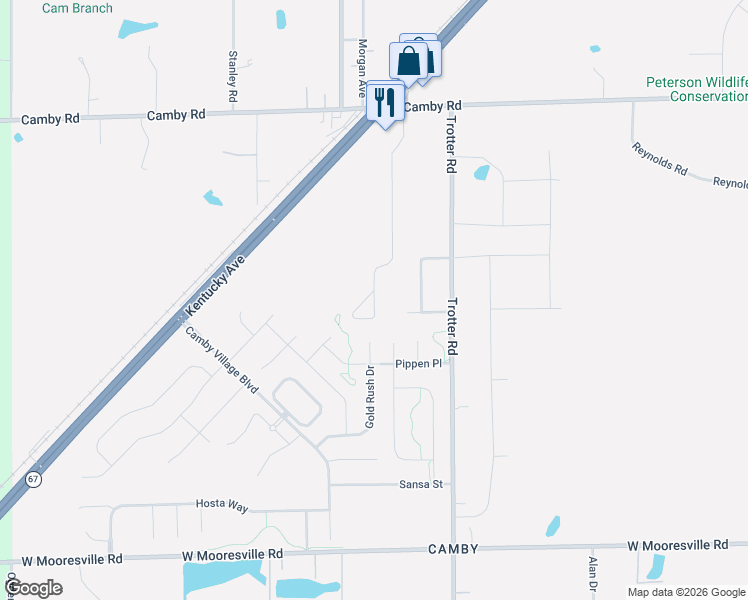 map of restaurants, bars, coffee shops, grocery stores, and more near 7414 Camby Crossing Circle in Indianapolis