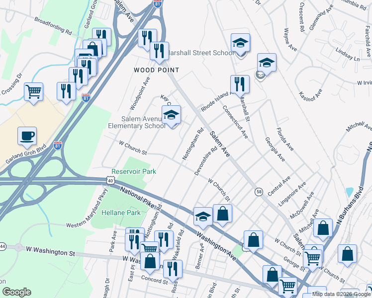 map of restaurants, bars, coffee shops, grocery stores, and more near 329 Nottingham Road in Hagerstown