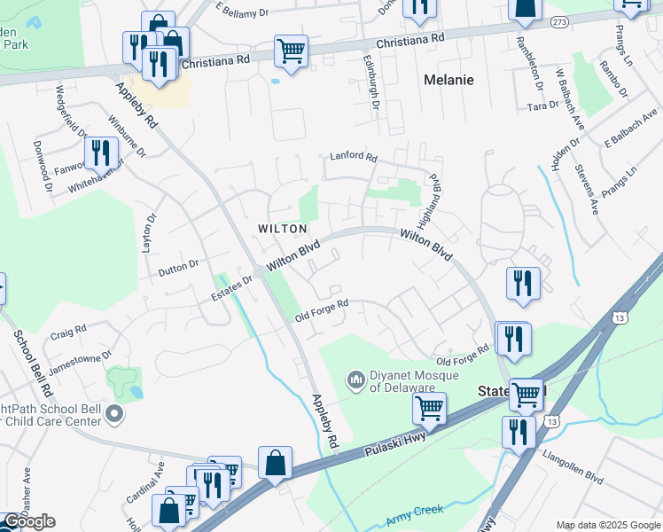 map of restaurants, bars, coffee shops, grocery stores, and more near 820 Willings Way in New Castle