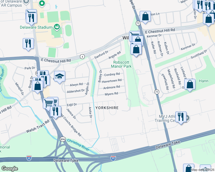 map of restaurants, bars, coffee shops, grocery stores, and more near 18 Ardmore Road in Newark
