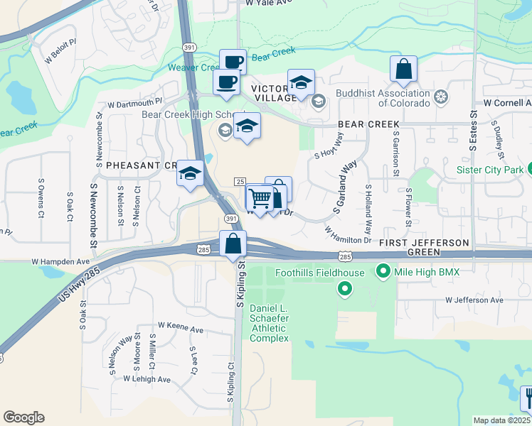map of restaurants, bars, coffee shops, grocery stores, and more near 9866 West Girton Drive in Denver