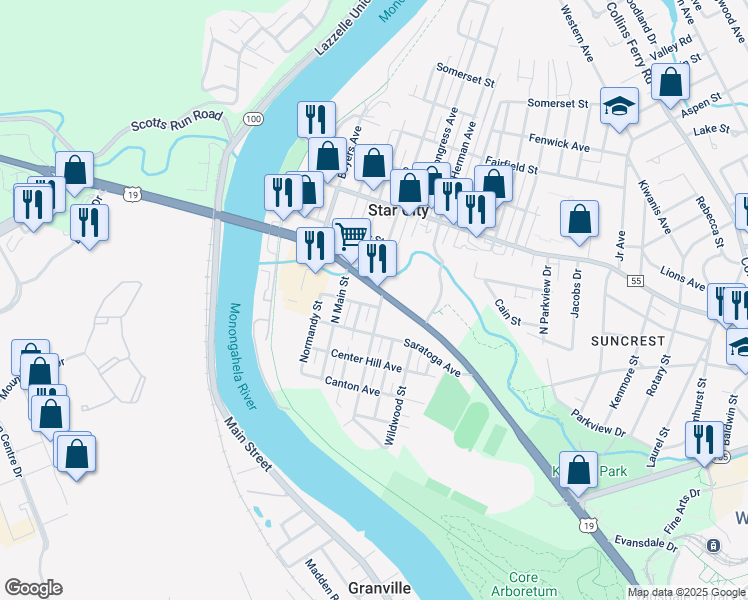 map of restaurants, bars, coffee shops, grocery stores, and more near 3035 Monongahela Boulevard in Star City